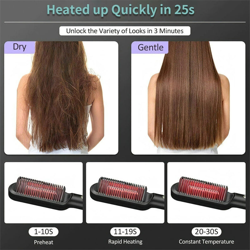2-in-1 Hair Straightener & Hot Comb – Ionic Curling Brush for Smoothing & Styling