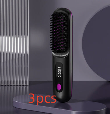 2-in-1 Wireless Hair Straightener Comb – USB Charging Hot Brush & Portable Curler for Fast Styling