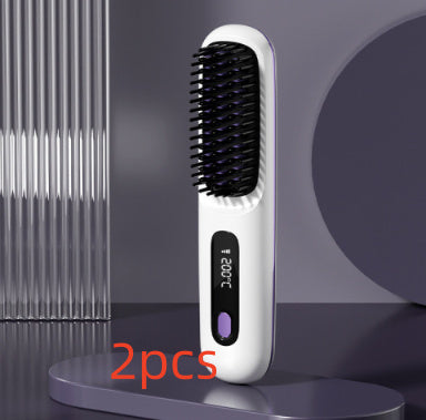 2-in-1 Wireless Hair Straightener Comb – USB Charging Hot Brush & Portable Curler for Fast Styling
