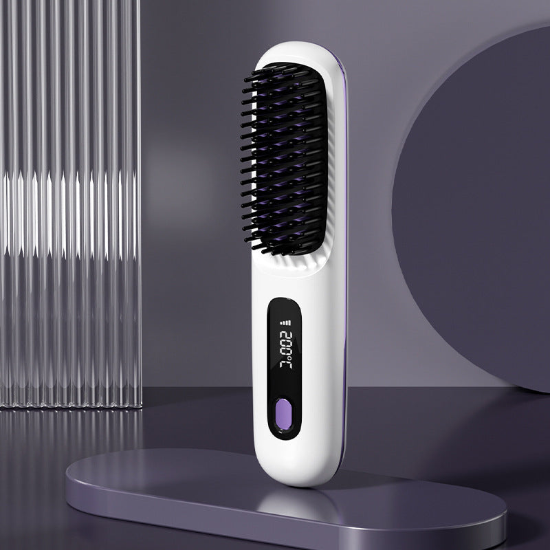 2-in-1 Wireless Hair Straightener Comb – USB Charging Hot Brush & Portable Curler for Fast Styling