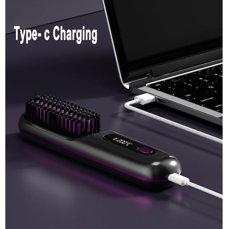 2-in-1 Wireless Hair Straightener Comb – USB Charging Hot Brush & Portable Curler for Fast Styling