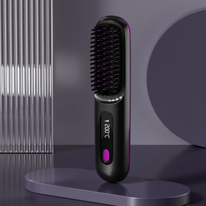2-in-1 Wireless Hair Straightener Comb – USB Charging Hot Brush & Portable Curler for Fast Styling