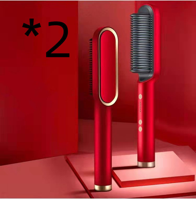 2-in-1 Hair Straightener & Hot Comb – Ionic Curling Brush for Smoothing & Styling