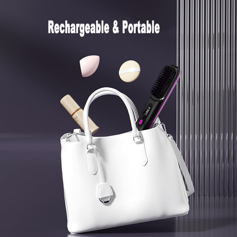 2-in-1 Wireless Hair Straightener Comb – USB Charging Hot Brush & Portable Curler for Fast Styling