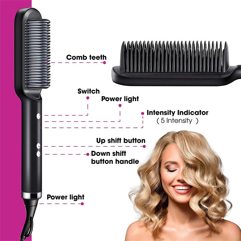 2-in-1 Hair Straightener & Hot Comb – Ionic Curling Brush for Smoothing & Styling