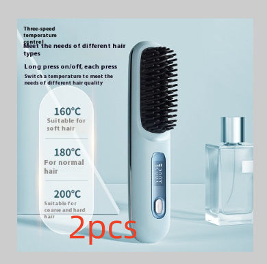 2-in-1 Wireless Hair Straightener Comb – USB Charging Hot Brush & Portable Curler for Fast Styling