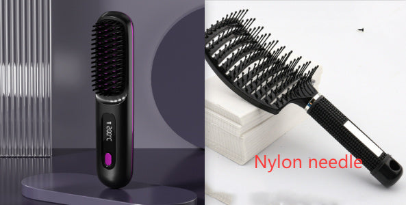 2-in-1 Wireless Hair Straightener Comb – USB Charging Hot Brush & Portable Curler for Fast Styling