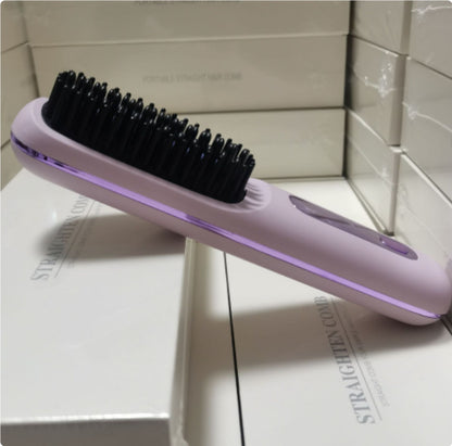 2-in-1 Wireless Hair Straightener Comb – USB Charging Hot Brush & Portable Curler for Fast Styling