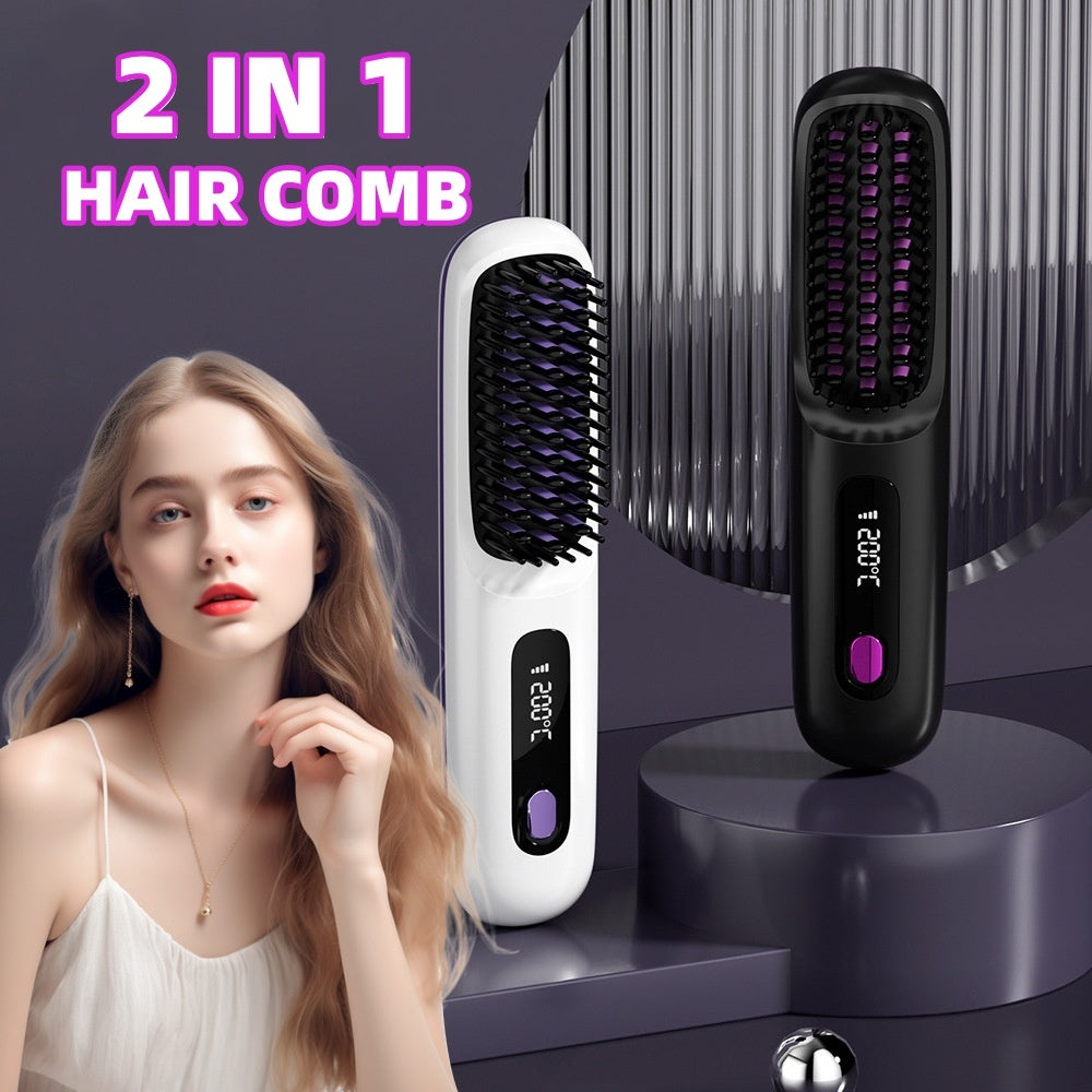 2-in-1 Wireless Hair Straightener Comb – USB Charging Hot Brush & Portable Curler for Fast Styling