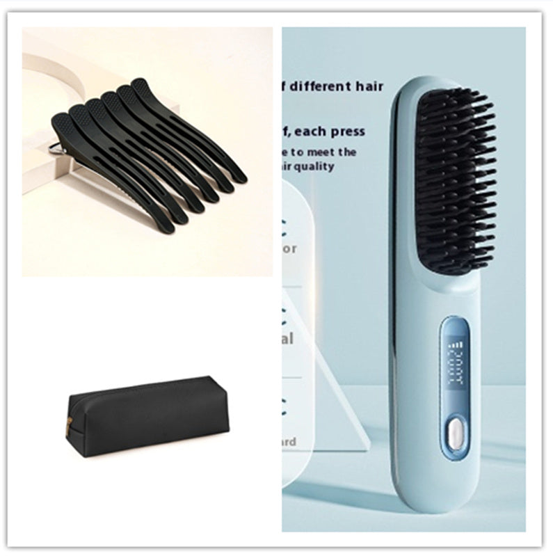 2-in-1 Wireless Hair Straightener Comb – USB Charging Hot Brush & Portable Curler for Fast Styling