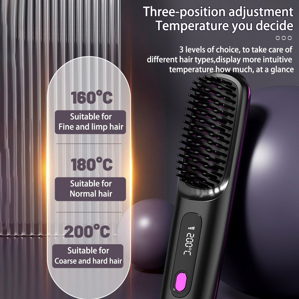 2-in-1 Wireless Hair Straightener Comb – USB Charging Hot Brush & Portable Curler for Fast Styling