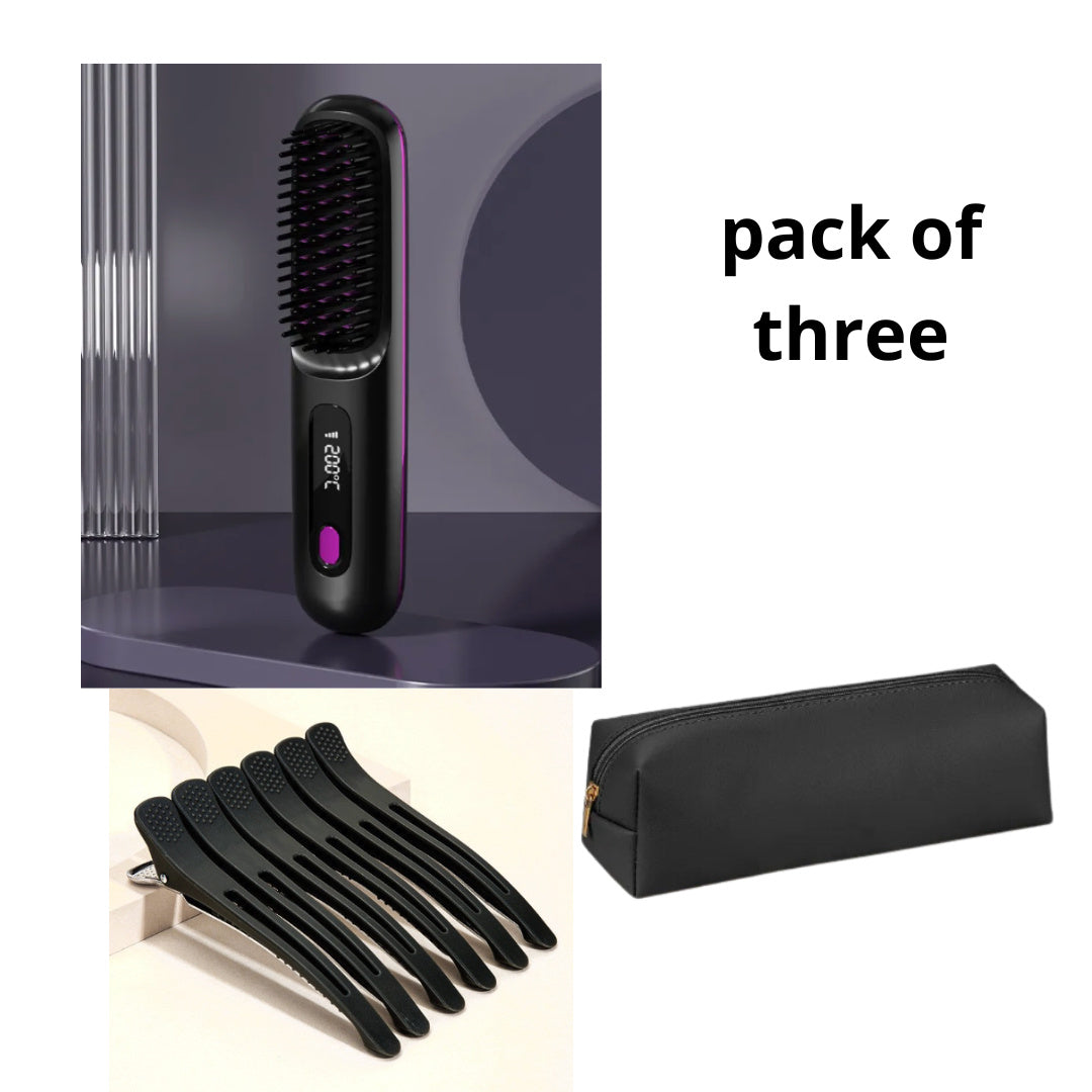 2-in-1 Wireless Hair Straightener Comb – USB Charging Hot Brush & Portable Curler for Fast Styling